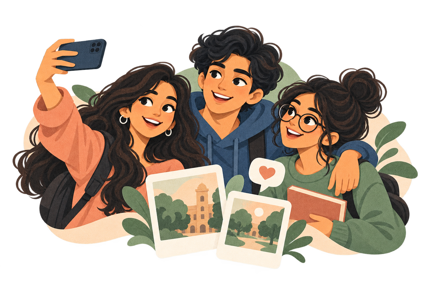 Three college friends taking a selfie and sharing campus memories