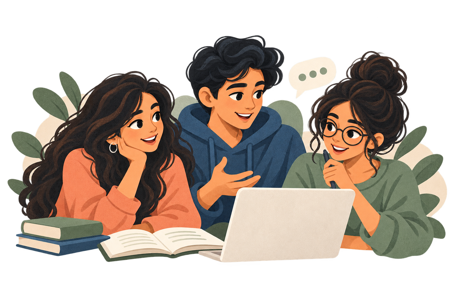 Three college friends studying together with a laptop and books